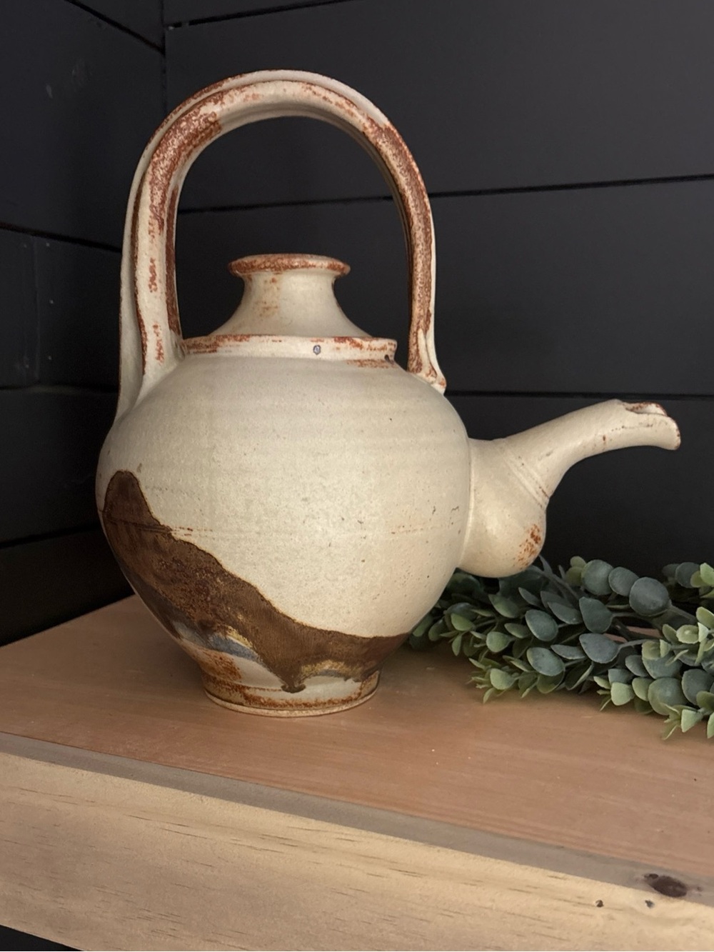 Vintage Ceramic Teapot in Cream and Brown Glaze